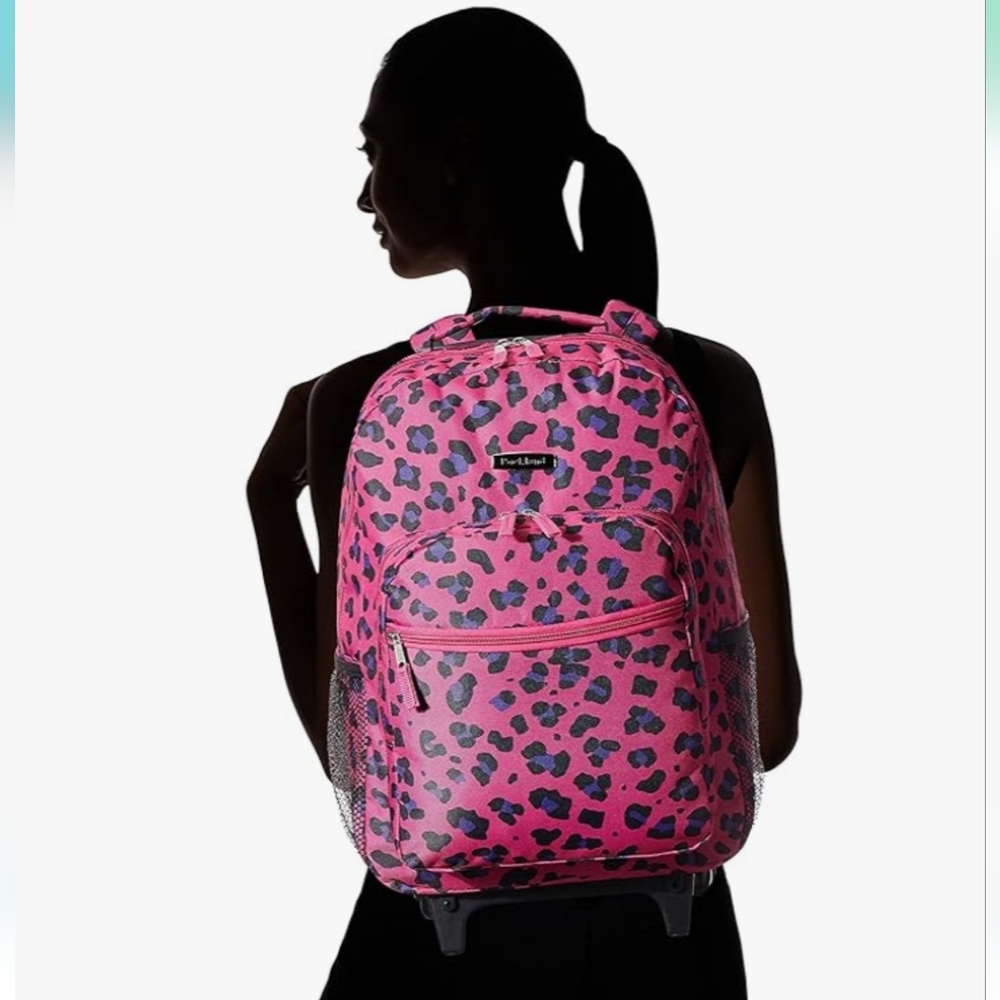 Pink Leopard Print Rolling Backpack - Picture 6 of 14